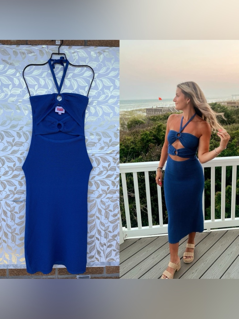 Solid & Striped Blue Knit Halter Cut Out Midi Dress Lapis Ring Detail Medium